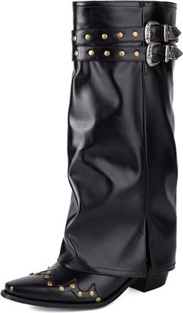 Generic Womens Western Style Slouchy Knee-High Boots PU Leather Studded Decor Double Buckle Straps Side Slit Chunky Block Heels Party Country Casual Shoes,Bla