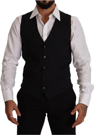 Dolce & Gabbana Donkerblauw Gestreepte Wollen Vest - Heren - Gillet - Blauw - M - Wol - Kostuums