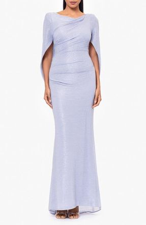 Betsy & Adam Metallic Crinkle Cape Sleeve Trumpet Gown in Blue/Silver at Nordstrom, Size 10P
