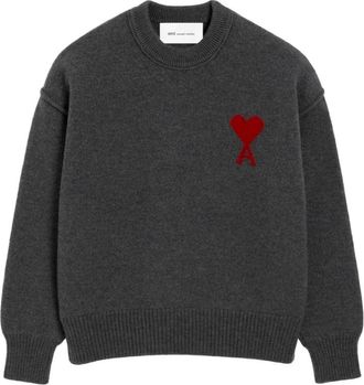 Ami Wollen Gebreide Trui met Ronde Hals en Intarsia Hart - Dames - Ronde hals truien - Grijs - S - Wol - Truien & Vesten