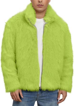 Generic Mens Faux Fur Jacket Winter Warm Fluffy Zip Up Shaggy Coats Luxury Fashion Long Sleeve Lapel Furry Outerwear Green