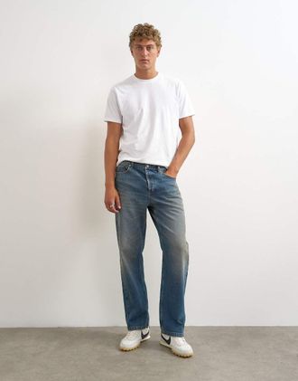 Topman jeans dritti rigidi con tintura lavaggio medio-Blu