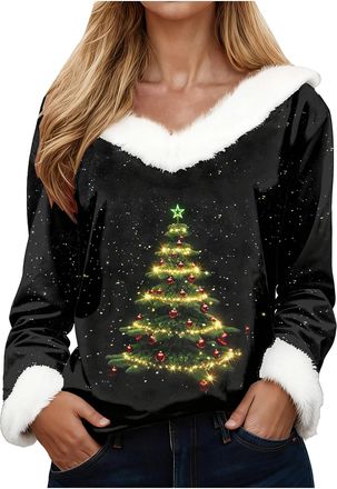Generic Christmas Sweatshirts for Women UK Ladies Novelty Tops Xmas Jumpers Furry V Neck Long Sleeve Shirts Xmas Tree Snowflake Graphic Tees Dressy Casual Hol
