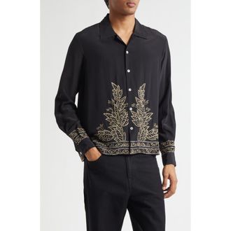 Bode Beaded Epoque Silk Button-Up Shirt in Black at Nordstrom, Size X-Large