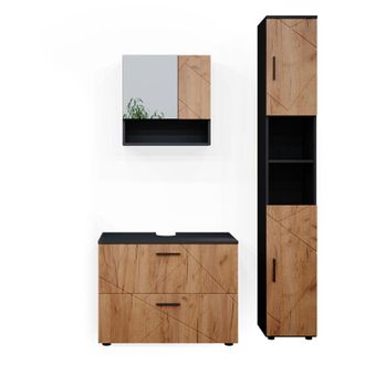 Vicco Set mobili bagno Irma, Quercia dorata/antracite, 3 parti, con cassettiera e colonna, Vicco