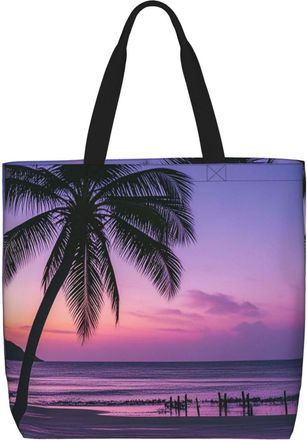 Generic Palm Tree Purple Sun Carry Bag Reusable Tote Bag Foldable Grocery Bags For College Casual Picnic