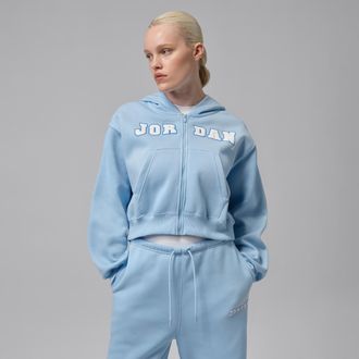 Nike Jordan Womens Jordan Brooklyn Fleece Full-Zip Mod-Crop Hoodie in Blue | IO1074-422