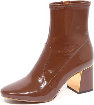 Tory Burch Stretch Patent Enkellaarsjes met Zijrits - Dames - Laarzen met Hak - Bruin - 37 1/2 EU - Leer - Schoenen