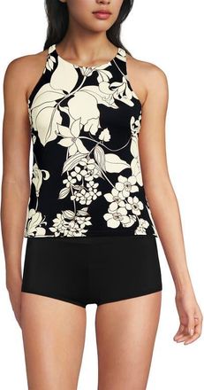 Lands End D-Cup Tugless High Neck Strappy Back Tankini Swimsuit Top in Black/egret Lilies at Nordstrom, Size 12