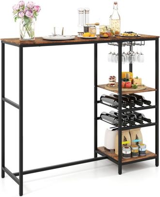 Costway Bar Table 121cm Counter Breakfast Dining High Tables with Shelves-Brown