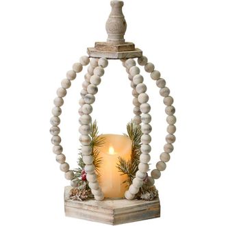 Beliani Decoraci&oacute;n De Navidad Led De Madera De Abeto Hecho A Mano Linterna Vela Marr&oacute;n Claro Pajarvi