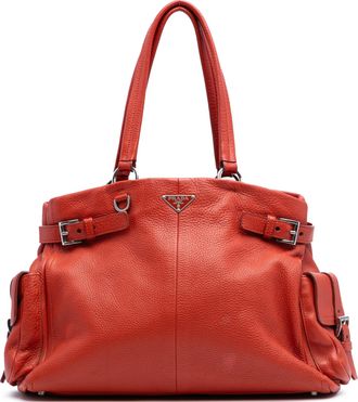 Prada Pre-owned Womens Vitello Daino Side Pocket Tote - Tan Leather - One Size