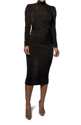JLUXLABEL Kara Long Sleeve Stretch Velvet Midi Cocktail Dress in Black at Nordstrom, Size X-Large