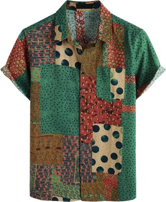 PARKLEES Mens Casual Linen Breathable Short Sleeve Button up Hawaiian Shirts Hipster 70s Hippie Tops Green XXX-Large