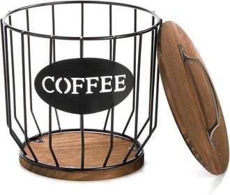 OEM Soporte Para C&aacute;psulas De Caf&eacute; Con Tapas, Cup Con Base De Madera R&uacute;stica, Cesta De Almacenamiento De Caf&eacute; De Alambre Negro Para Encimera De Cocina