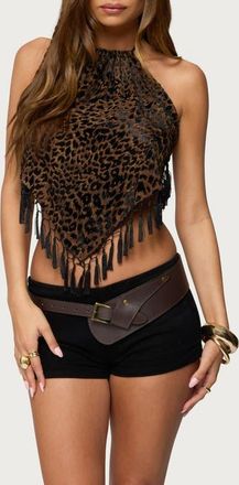 Edikted Tassel Trim Halter Handkerchief Crop Top in Brown at Nordstrom, Size X-Small