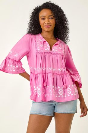 Roman Contrast Print Pom Pom Top