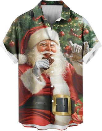 Generic Men Ugly Christmas Shirt Xmas Santa Snowman T Shirt Christmas Tree T-Shirts Button Up Hawaiian Shirts Short Sleeve Tops Xmas Sweatshirts Festive Pullo