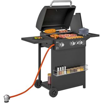 OUTSUNNY Barbacoa De Gas Bbq Gas Con 3+1 Quemadores 8,5 Kw Barbacoa Port&aacute;til Con Term&oacute;metro Mesa Lateral Parrilla Recogedor De Grasa 2 Ruedas Negro
