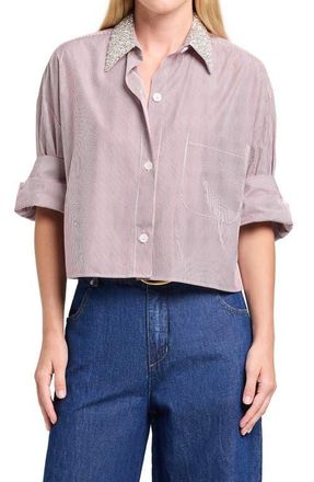 TWP Next Ex with Crystal Collar Cotton Button-Up Shirt in White /Wine at Nordstrom, Size X-Small