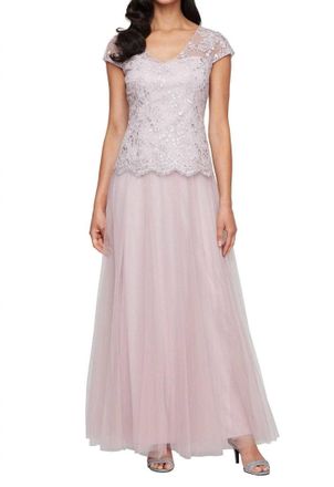 Alex Evenings Embroidered V-Neck Gown With Tulle Skirt In Blush