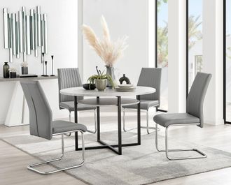 Furniturebox Adley Grey Concrete Effect Round Dining Table & 4 Lorenzo Faux Leather Chairs