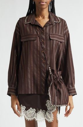 Siedres Monina Metallic Stripe Button-Up Shirt with Removable Crossbody Pouch in Dark Brown at Nordstrom, Size X-Small
