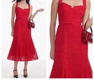 Self Portrait Lattice Lace Midi Dress In Red
