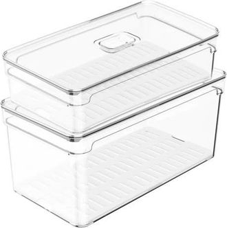 Ou Clear Stackable Fridge Organizer Bin with Removable Drain Tray and Vented Lid, 2 Pack (2.9 Quart + 5.3 Quart Sizes in Clear With White Drainer at
