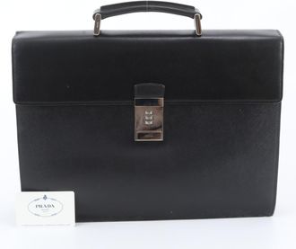 Prada Saffiano Black Leather Briefcase Tote Bag (Pre-Owned)