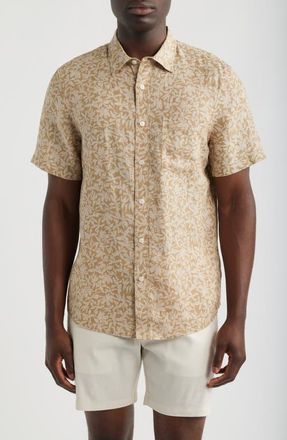 Nordstrom Shadows Short Sleeve Linen Button Front Shirt in Tan Floral Shadows at Nordstrom, Size Xxx-Large