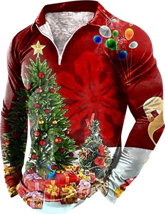 Generic Christmas Shirt Mens Funny Christmas Polo Shirt Mens Long Sleeve Casual Christmas Shirt with 1/4 Zip Christmas Shirts Casual Shirt with Christmas Prin