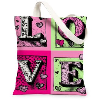Generic Love Hearts Canvas Tote Bags, Colorful Graphic Design Reusable Grocery Bags, Stylish Lightweight Washable Shoulder Strap Ca, Peach, 13x15 Inch