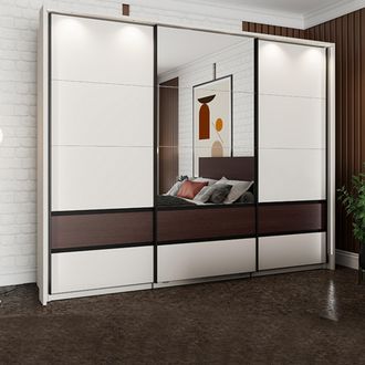 Dmora Armario 3 Puertas Sapa, Ropero Dormitorio 3 Estantes, Colgador, Apertura Corredera, 267x62 Cm Blanco Crema