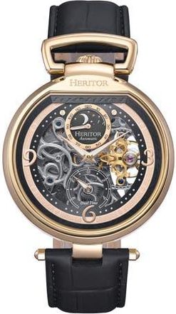 Heritor Lincoln Leather-Band Skeleton Watch with Moon Phase in Gold at Nordstrom