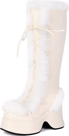 Generic Womens Lace Up Warm Winter Long Boots PU Leather Knee High Boots Wedge High Heel Platform Boot,Apricot,3.5 UK