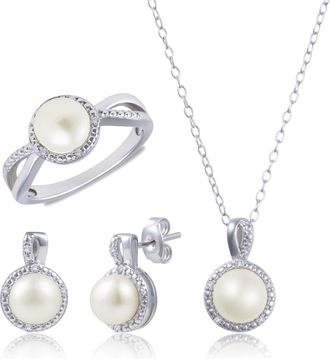 MAX + STONE 925 Sterling Silver Diamond, Freshwater Pearl Earrings & Pendant Necklace Set
