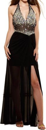 Terani Couture Plunging Beaded Halter Prom Dress In Black