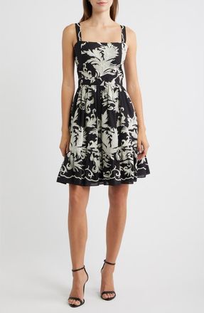 Julia Jordan Embroidered Cotton Fit and Flare Dress in Black Multi at Nordstrom, Size 10