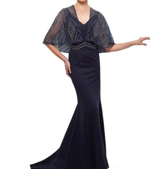 Montage by Mon Cheri Sleeveless Crepe Fit And Flare Gown With Cape In Navy