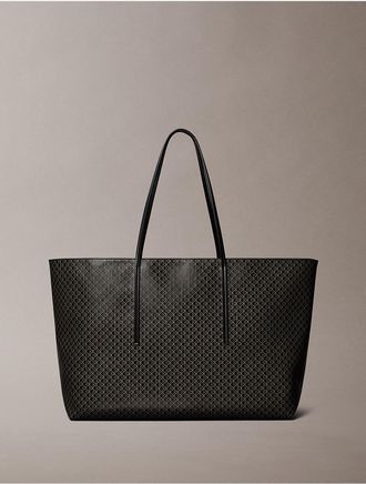 Calvin Klein Womens Allover Emblem Logo Large Tote Bag with Pouch - Black