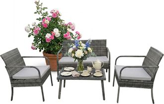 Relaxdays Relaxdays Set Muebles De Jard&iacute;n 4 Pzas, Rat&aacute;n Sint&eacute;tico, Para 4, Banco 2 Pl., 2 Sillas Y Mesa, Lounge, Exterior, Gris