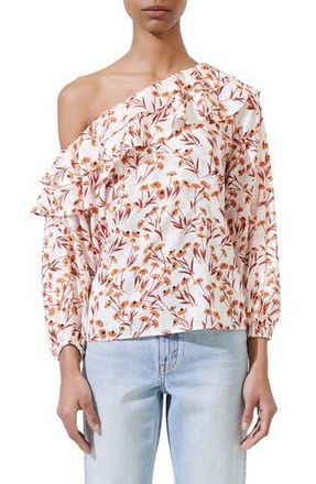 Maje Laurane Floral Cotton Blend One-Shoulder Blouse in Rust at Nordstrom Rack, Size 3 (Fits Like 8 Us)