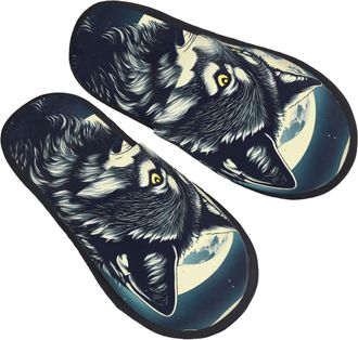 Generic Plush Fluffy Slipper Wolf Night Moon print Mens Slipper Breathable Womens Slippers for Guest Indoor Bedroom L