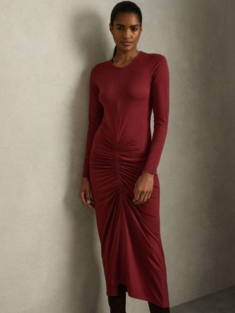 Reiss Burgundy Ruched Jersey Midi Dress, 6