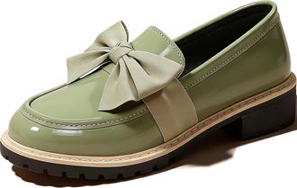 Generic Womens Patent Leather Bow Loafers Wide Width, Chunky Low Block Heel Round Toe Lug Sole Dress Shoes for Office Work (Green,6.5)