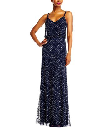 Adrianna Papell Spaghetti Strap Long Beaded Blouson Gown