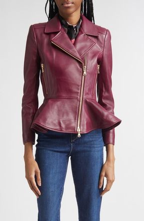 L'agence Lyric Leather Peplum Biker Jacket in Rhododendron at Nordstrom, Size X-Small