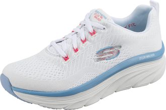 Skechers Womens Dlux Walker Fresh Finesse Sneaker, White Mesh Pink Blue Trim, 4 UK