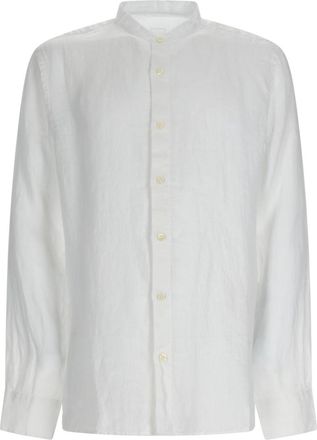 120% Lino White Mandarin Collar Linen Casual Shirt